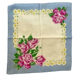 Vintage Floral Handkerchief Hankie Roses 1950s Cottage Retro Grandma